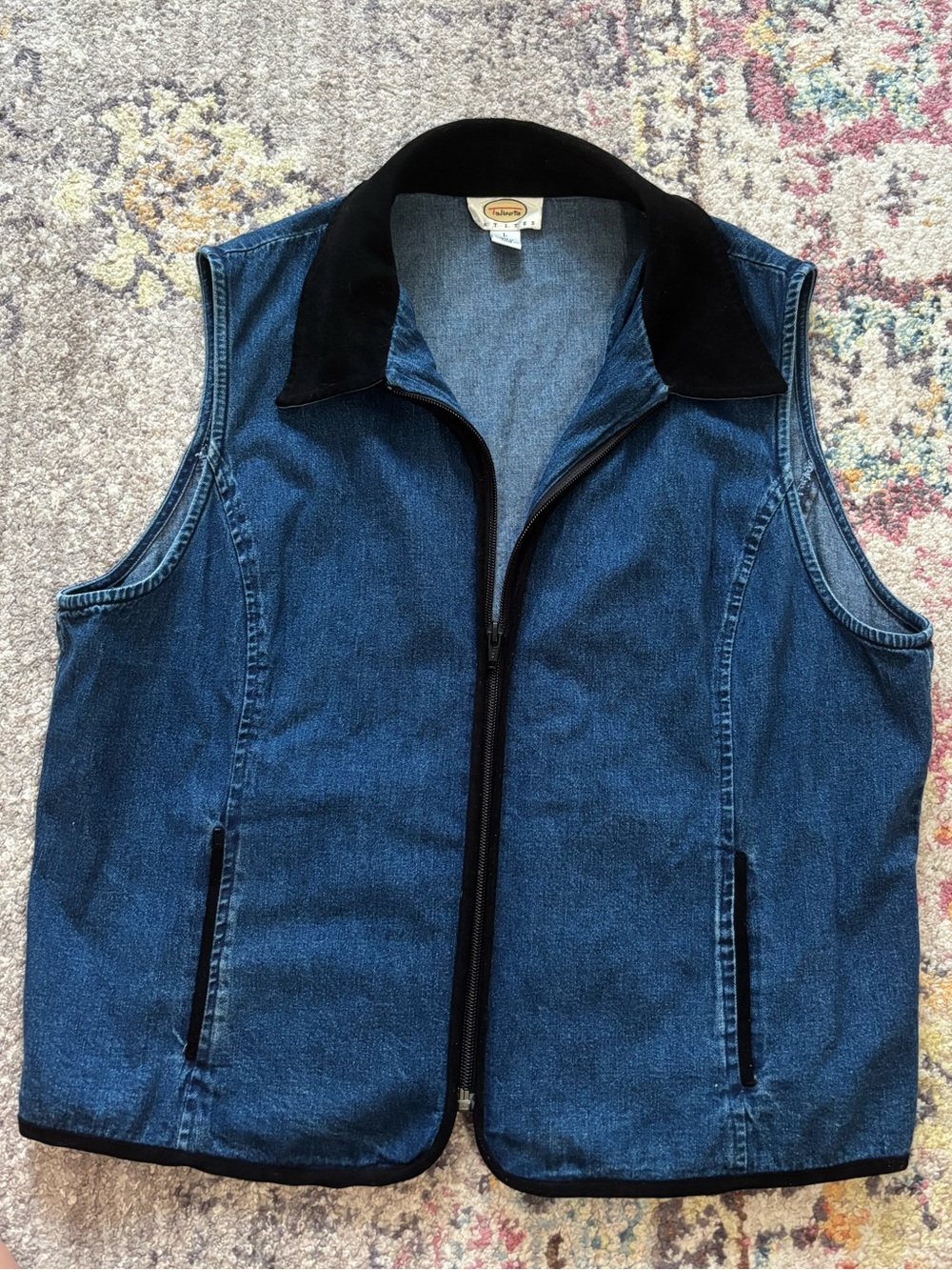 Talbots Blue 100% Cotton Denim Vest with Black Collar